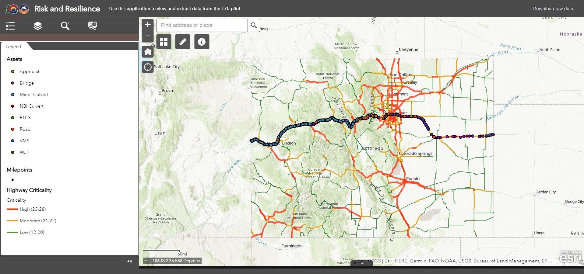 Risk and Resilience map of I-70 identifying bridge, culverts, walls and other features of the highway.
